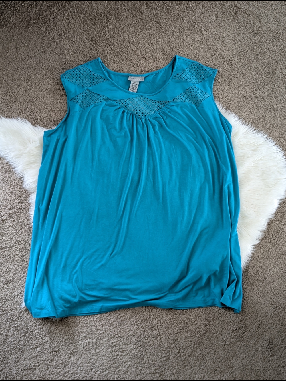 Catherine's Sleeveless Turquise Crochet Lace Detail Top Size 2X